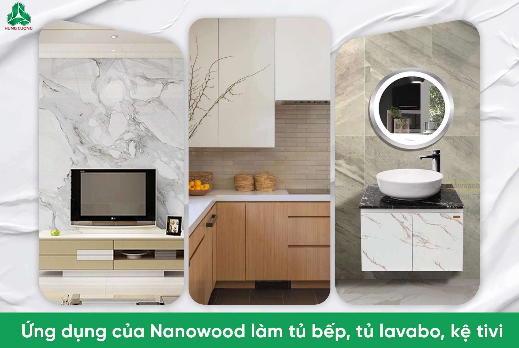 Ứng dụng của Nanowood làm tủ bếp, tủ lavabo, kệ tivi